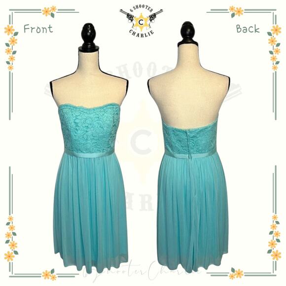 David's Bridal F18094 Blue Spa Short Scalloped Strapless Lace Mesh Dress Sz 6 - Picture 1 of 7